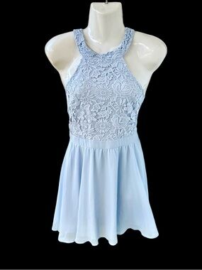 NWT Lulus Baby Blue Crochet Lace Mini Dress Small CottageCore Fairy Flowy Skater